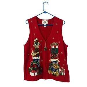 Vintage Christmas Ugly Sweater Vest Zip Closure Holiday Size Large